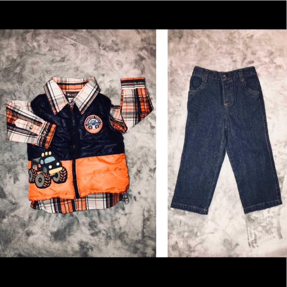 24m- Baby Boy Plaid Shirt, Puffer Vest & Jeans Set